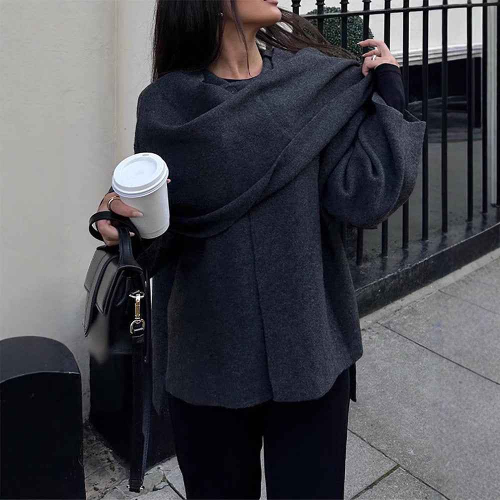 Asymmetric Shawl Cardigan Knitted Sweater Gray Long Sleeved Scarf-Casual Fashion - The Artisan's Wardrobe
