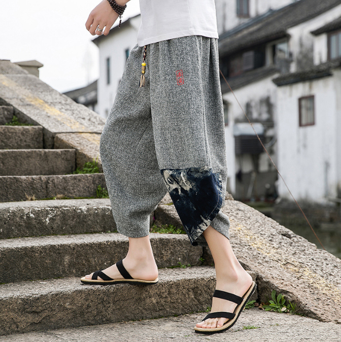 Summer New Chinese Style Men Beach Pants - Embroidered Snowflake Ice Silk Capris with Wide Leg Design-Casual Fashion - The Artisan's Wardrobe