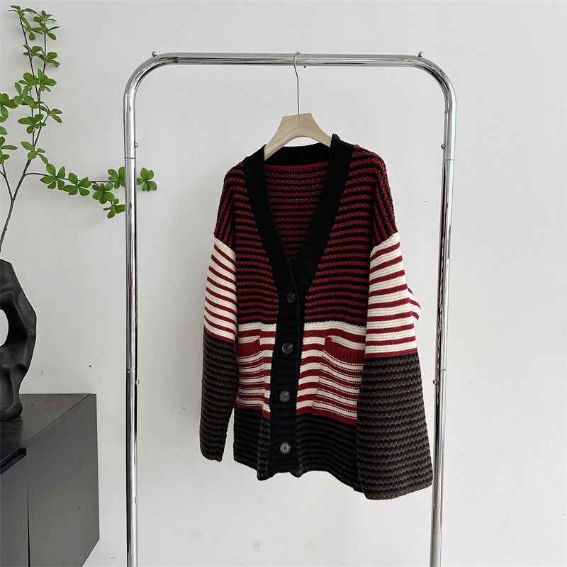V-neck Red Striped Cardigan - Thick Knitted Sweater with Lazy Style and Loose Fit-Casual Fashion - The Artisan's Wardrobe