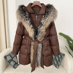 Hooded Down Jacket with Fox Fur Collar for Women-Casual Fashion - The Artisan's Wardrobe