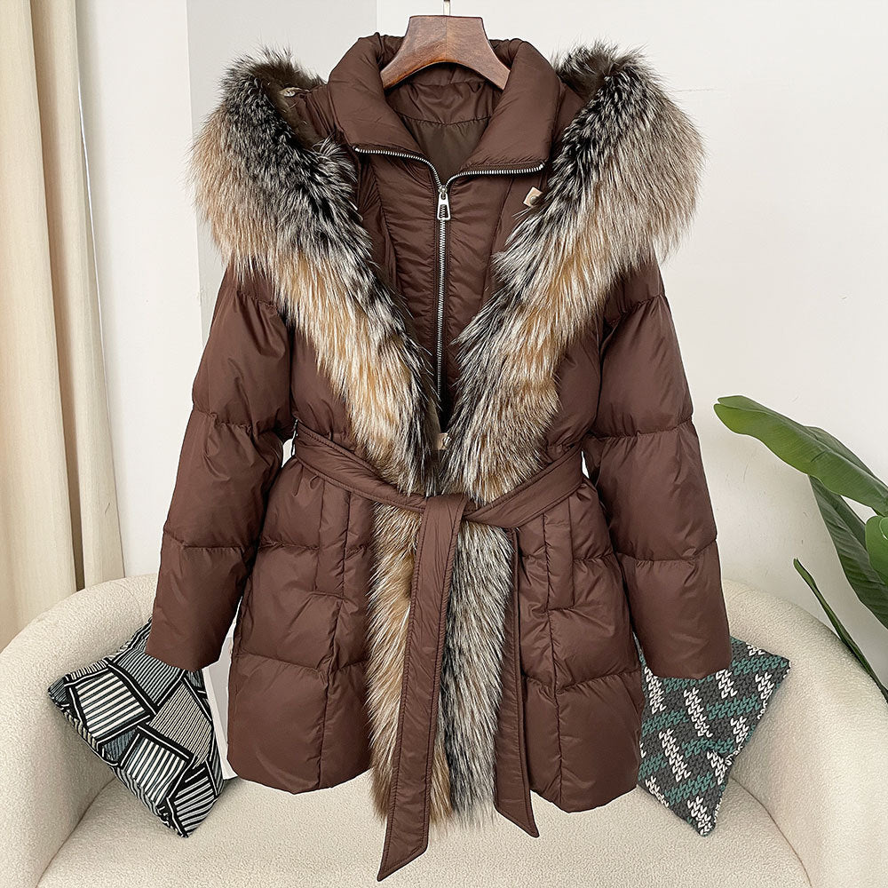 Hooded Down Jacket with Fox Fur Collar for Women-Casual Fashion - The Artisan's Wardrobe