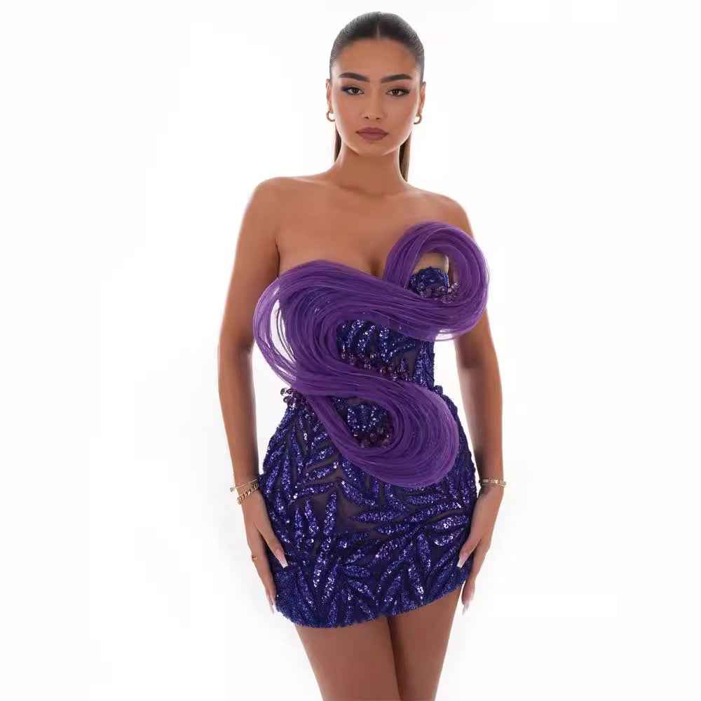 Fashionable Backless Purple Mini Dress with One Shoulder Design and Sequin Mesh Accents-Casual Fashion - The Artisan's Wardrobe