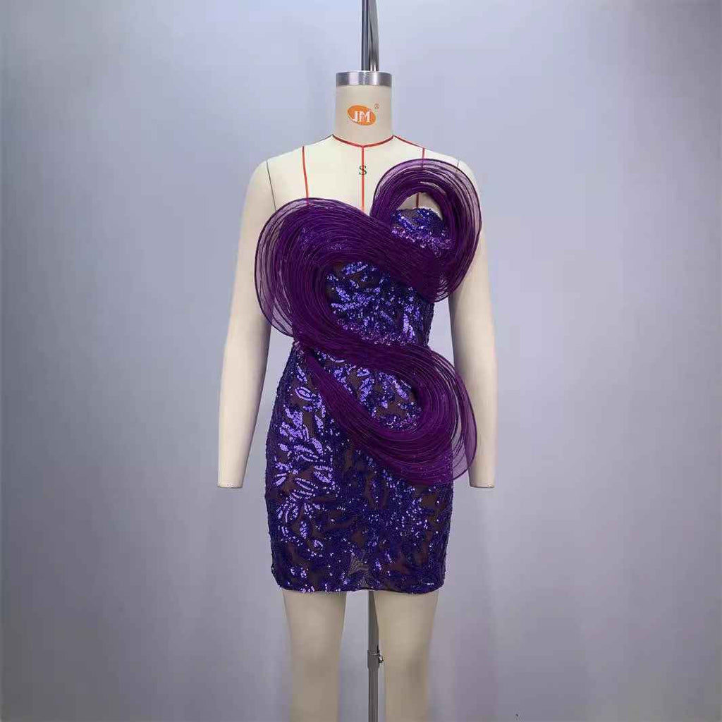 Fashionable Backless Purple Mini Dress with One Shoulder Design and Sequin Mesh Accents-Casual Fashion - The Artisan's Wardrobe