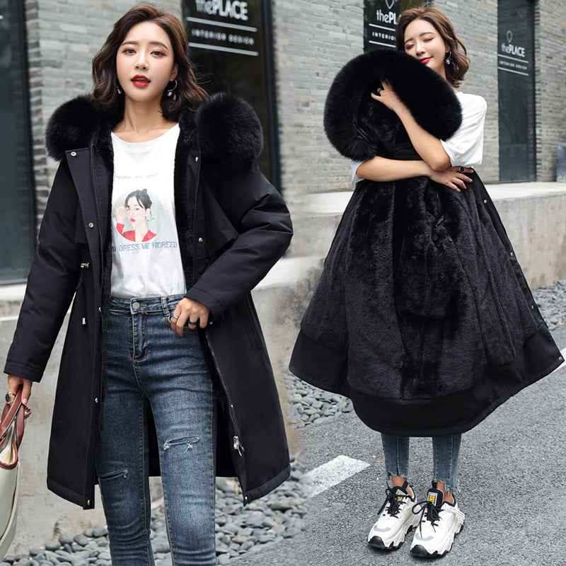 Korean Fur Collar Fleece Jacket for Women's Fashion - Long and Medium Length Cotton Jacket with Big Fur Collar-Casual Fashion - The Artisan's Wardrobe