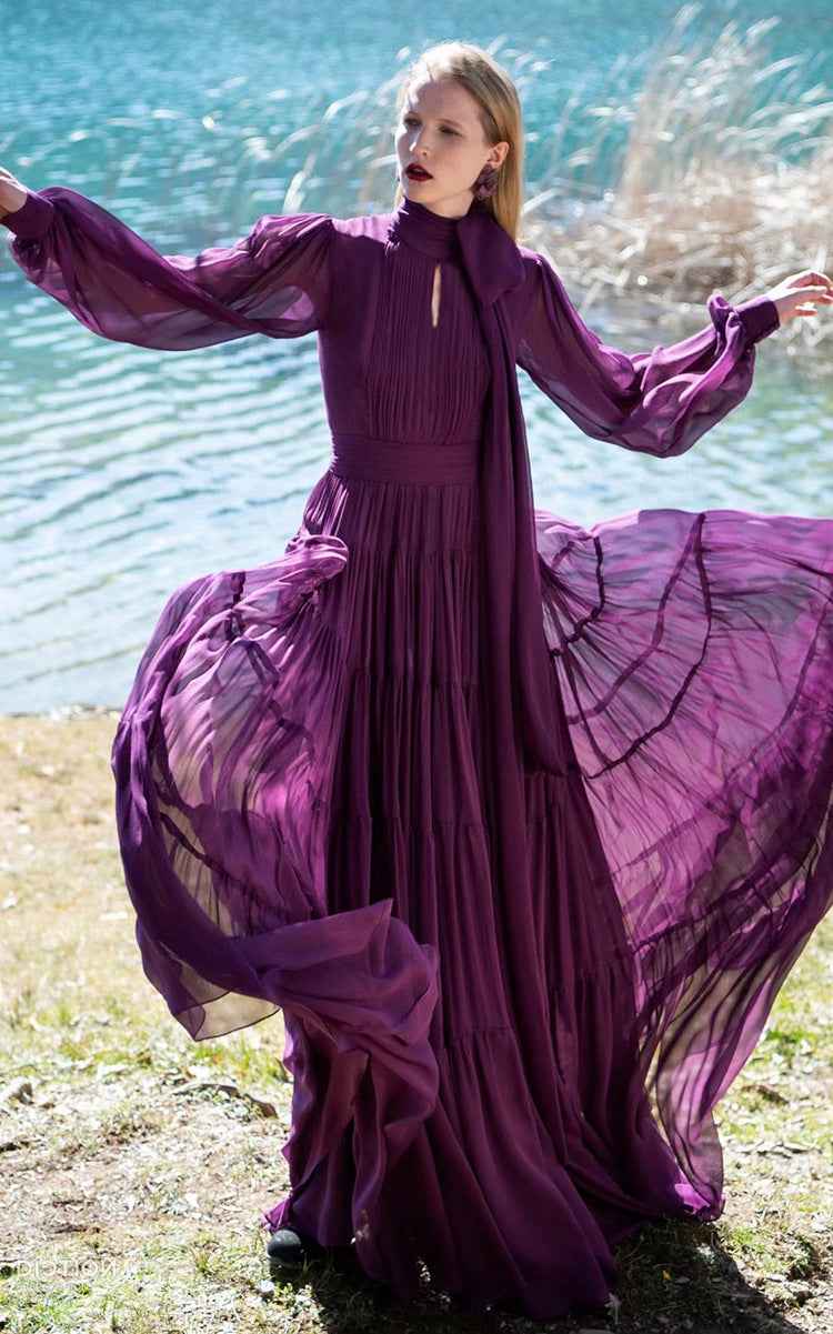 slim fit dress slacks Asymmetrical long sleeve dress purple | Trendy Dresses main image 1