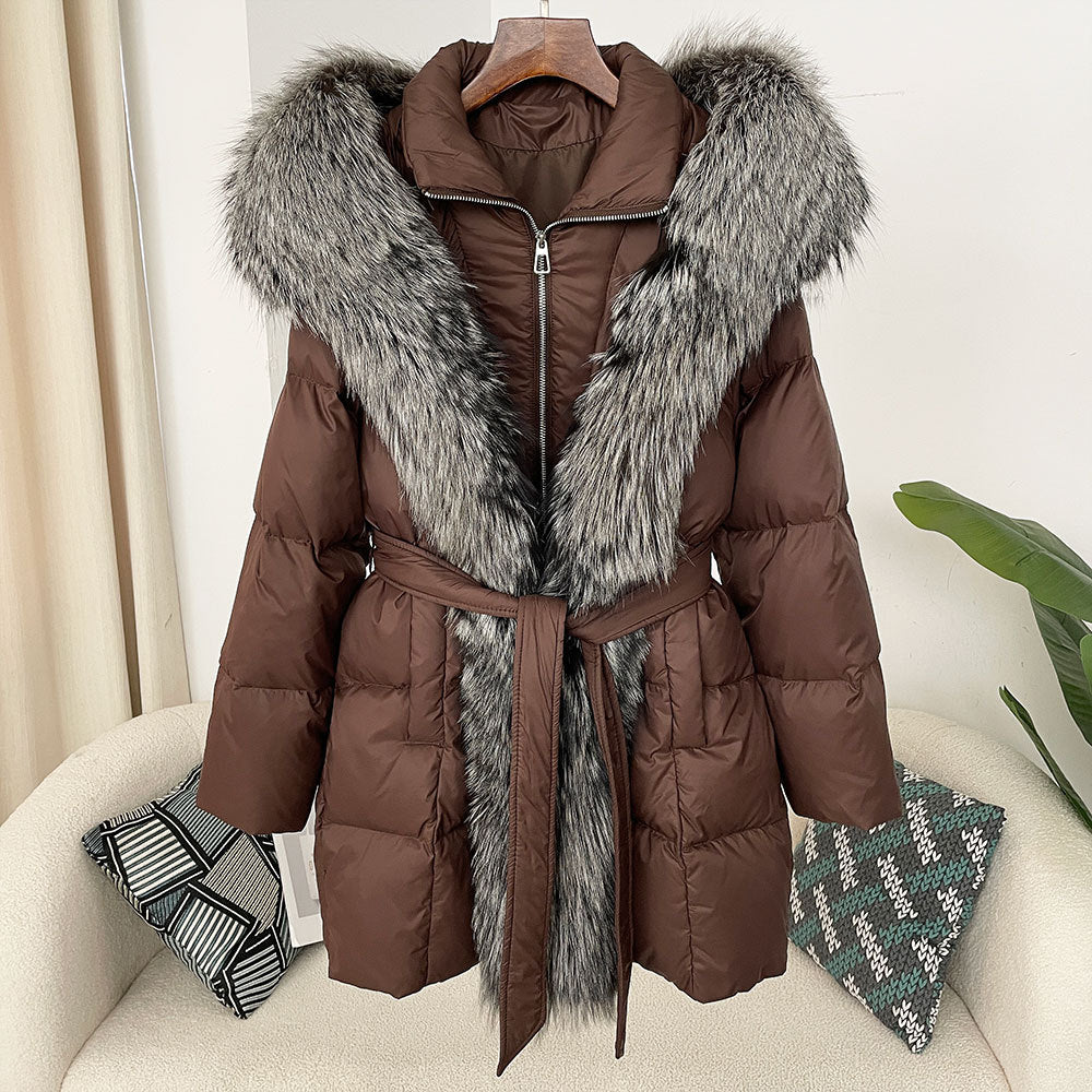Hooded Down Jacket with Fox Fur Collar for Women-Casual Fashion - The Artisan's Wardrobe