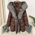 Hooded Down Jacket with Fox Fur Collar for Women-Casual Fashion - The Artisan's Wardrobe
