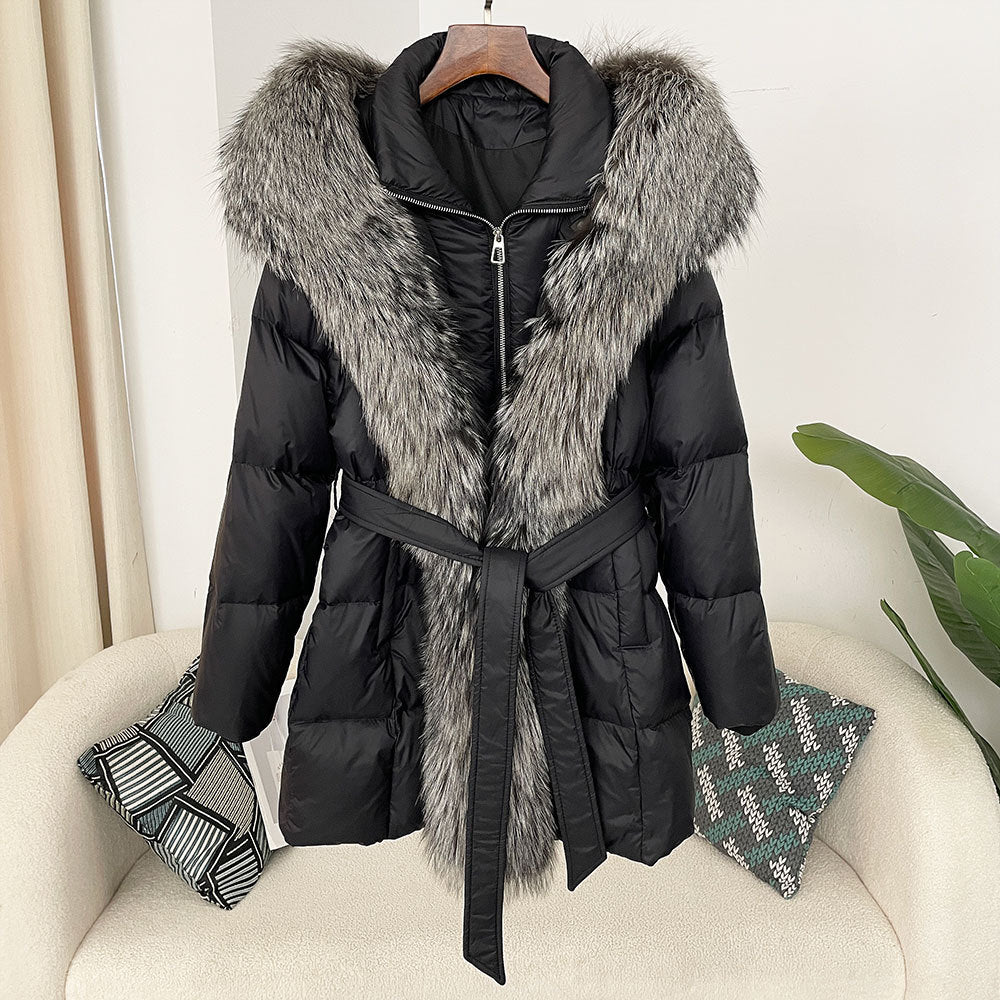 Hooded Down Jacket with Fox Fur Collar for Women-Casual Fashion - The Artisan's Wardrobe