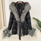 Hooded Down Jacket with Fox Fur Collar for Women-Casual Fashion - The Artisan's Wardrobe