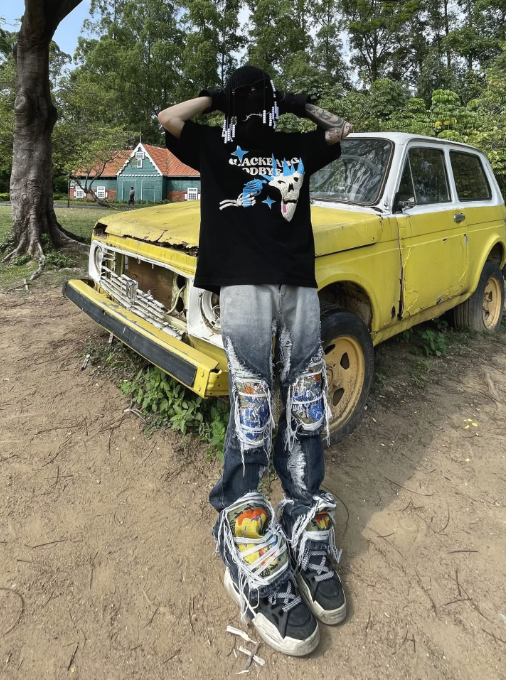 High Street Damaged Water Wash Jeans for Men with Heavy Industry Embroidery and Broken Holes - Loose Straight Tube Blast Street Pants-Casual Fashion - The Artisan's Wardrobe