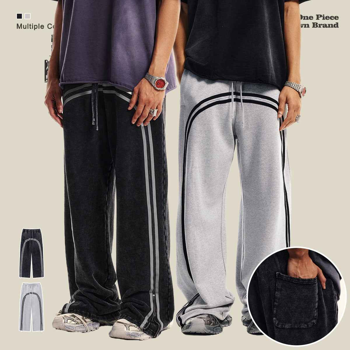 Men's Wide Leg Pants - Youth Street Trend Sports Feng Shui Wash Wax Dyed Woven Zipper Pants Vibe-Casual Fashion - The Artisan's Wardrobe