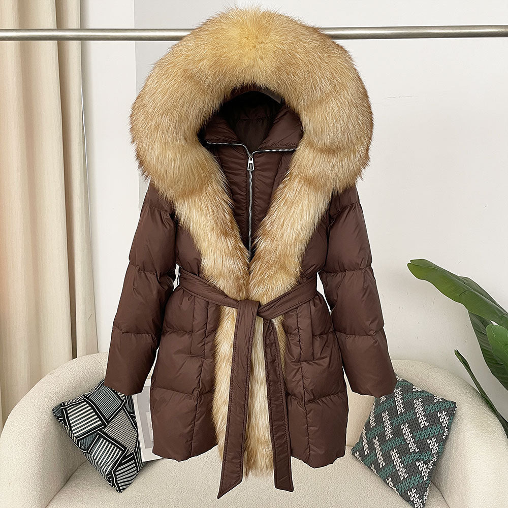 Hooded Down Jacket with Fox Fur Collar for Women-Casual Fashion - The Artisan's Wardrobe
