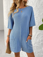 Backless Textured Romper with Round Neck and Half Sleeves for a Trendy Style-Casual Fashion - The Artisan's Wardrobe