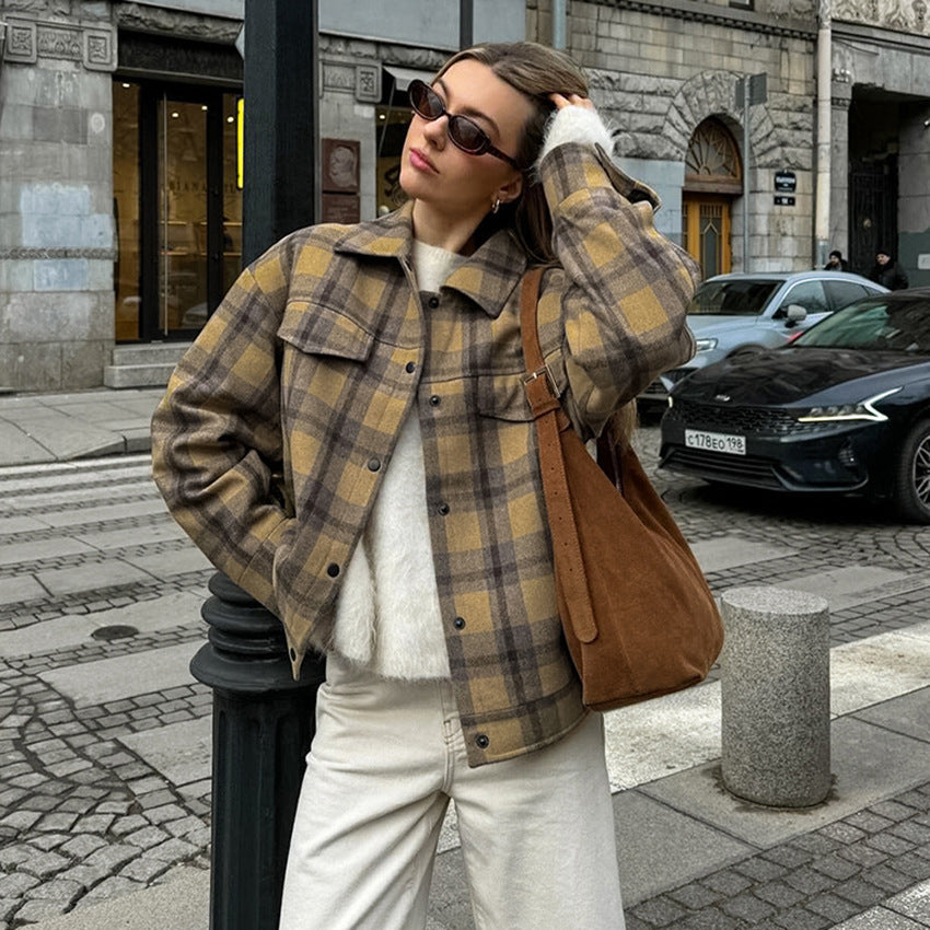 Checkered Wool Coat Women's Retro Loose Style for Ultimate Comfort-Casual Fashion - The Artisan's Wardrobe