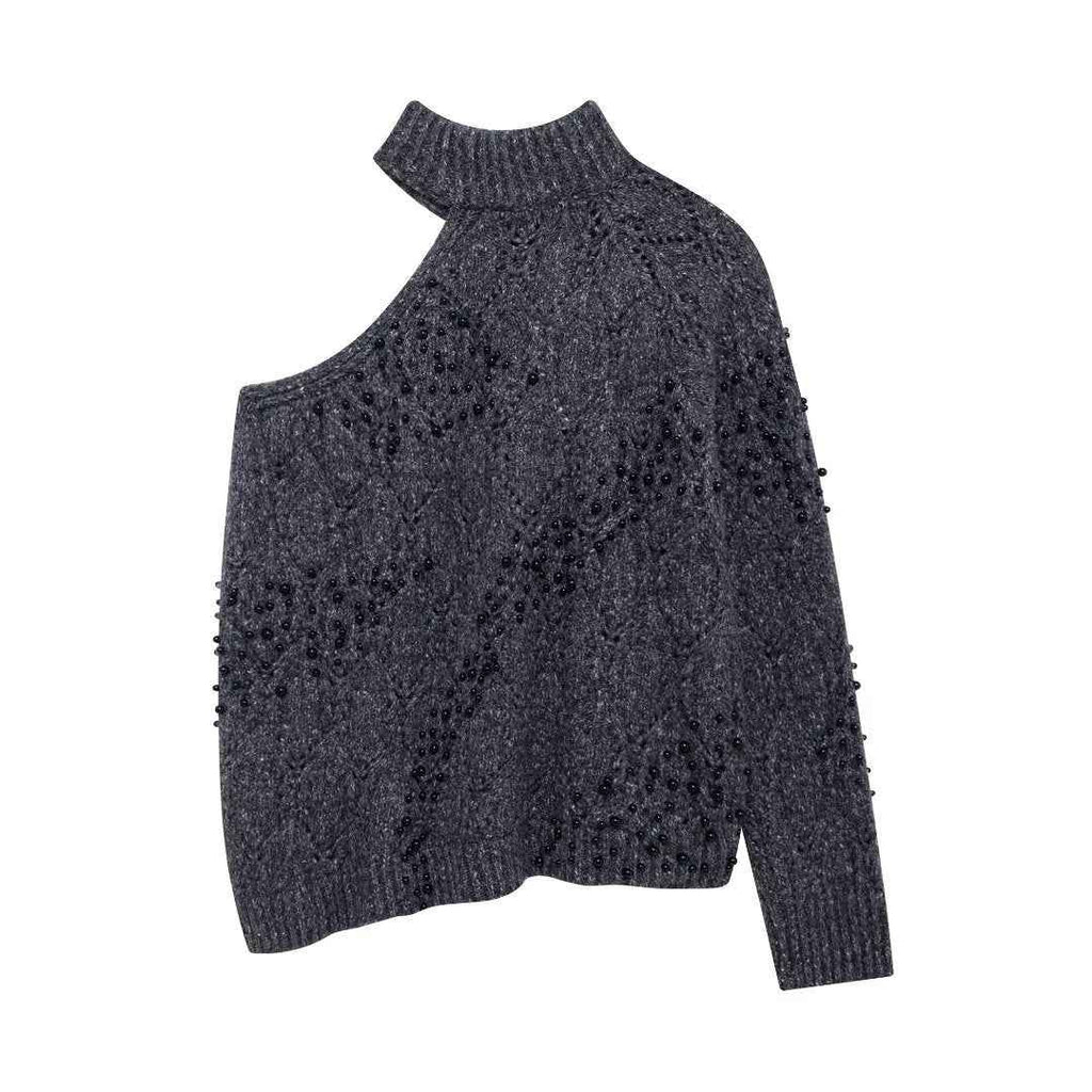Women's Asymmetrical Knitted Sweater with Shoulder Opening and Hollow Bead Decoration-Casual Fashion - The Artisan's Wardrobe