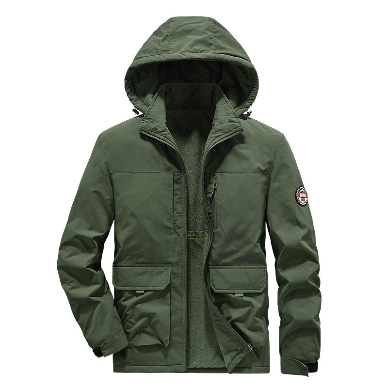 Men's casual outdoor hooded jacket in large size, with multiple pockets and thick fleece, this is a men's style jacket-Casual Fashion - The Artisan's Wardrobe