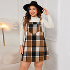 Oversized Fall Dresses Women V Neck Plaid Sleeveless Mini Pinafore Overall with Pockets for Casual and Bridesmaid Wear-Casual Fashion - The Artisan's Wardrobe