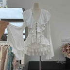 Girl Satin Shirt and Skirt Set - Long Sleeve Lace Horn Top with Folded Cake Half Skirt for Autumn-Casual Fashion - The Artisan's Wardrobe