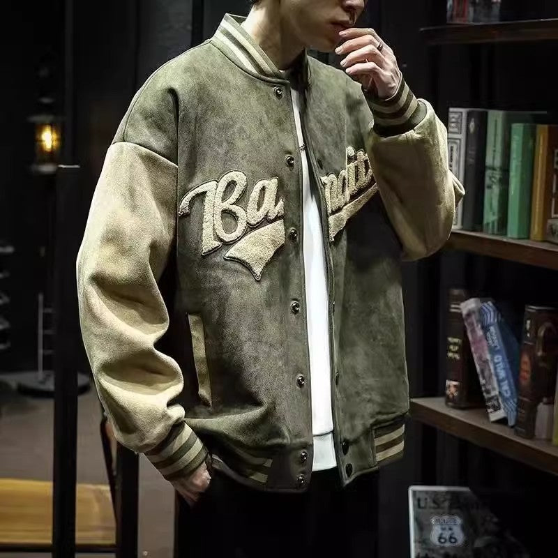 Deer Skin Baseball Jacket for Men – Trendy Japanese Loose Retro Style Spring & Autumn Windproof Sports Wear-Casual Fashion - The Artisan's Wardrobe