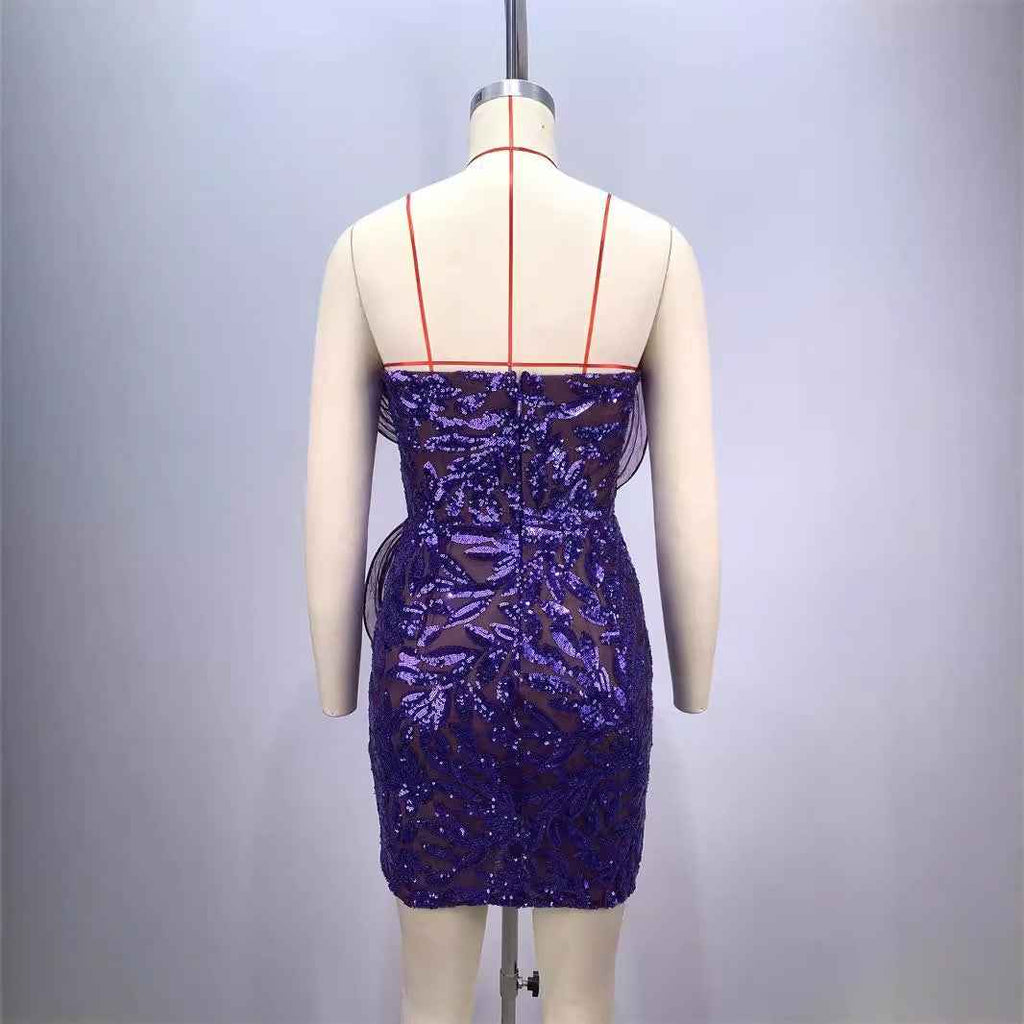 Fashionable Backless Purple Mini Dress with One Shoulder Design and Sequin Mesh Accents-Casual Fashion - The Artisan's Wardrobe