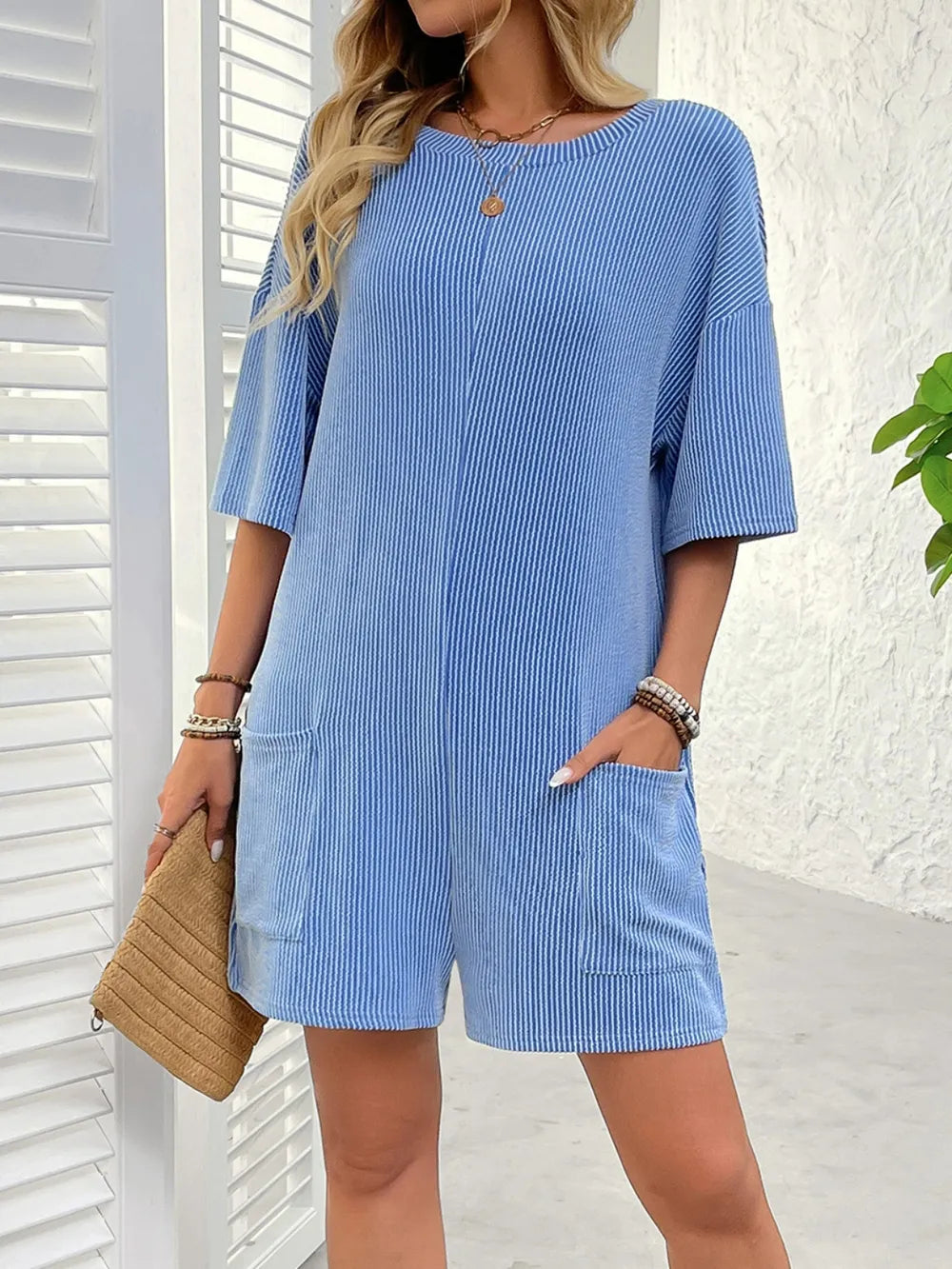 Backless Textured Romper with Round Neck and Half Sleeves for a Trendy Style-Casual Fashion - The Artisan's Wardrobe