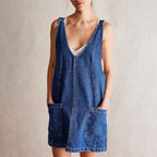 Summer Women's Denim Strap Pocket Mini Dress - Vintage A-Line Backless Sleeveless Design-Casual Fashion - The Artisan's Wardrobe