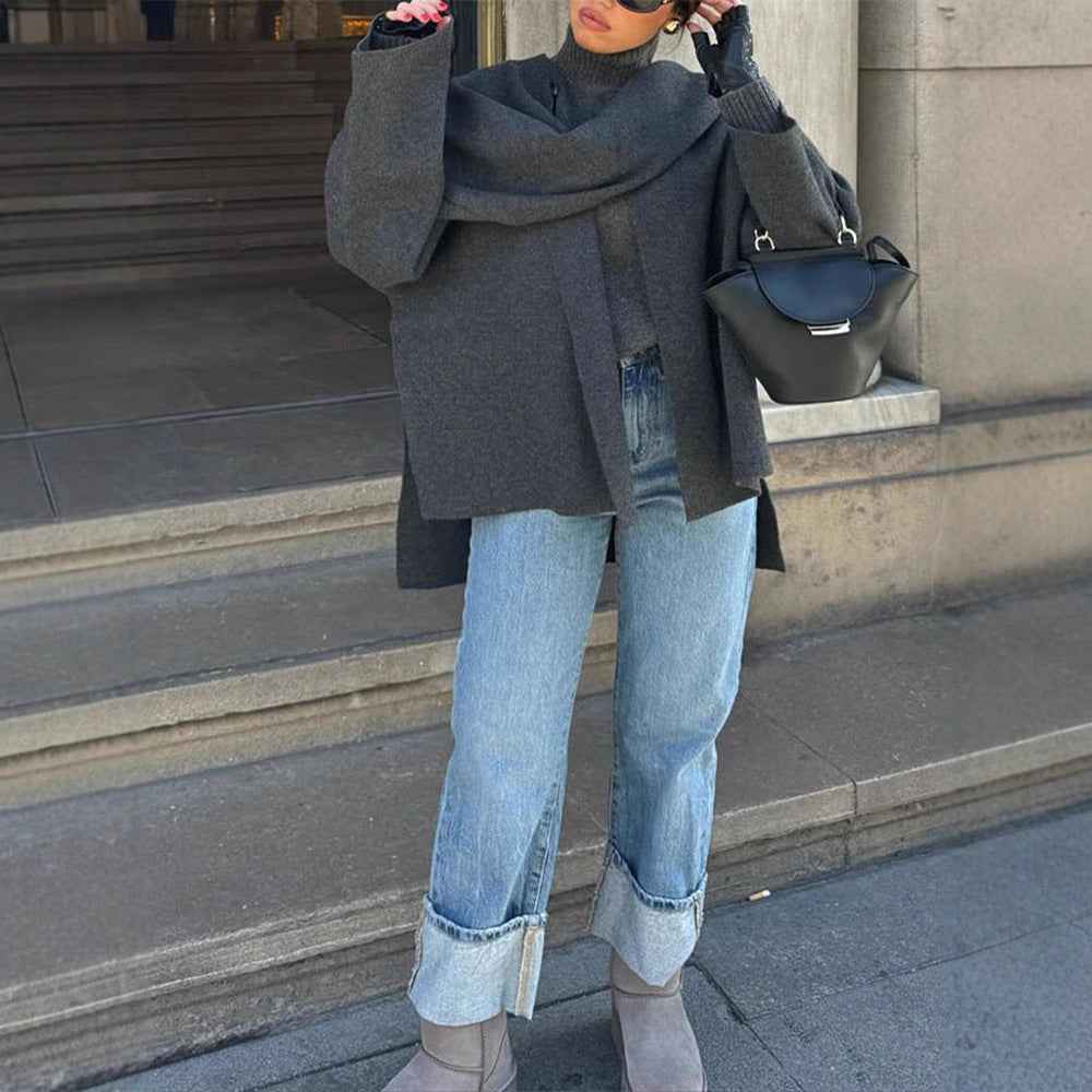 Asymmetric Shawl Cardigan Knitted Sweater Gray Long Sleeved Scarf-Casual Fashion - The Artisan's Wardrobe