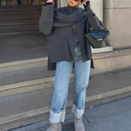 Asymmetric Shawl Cardigan Knitted Sweater Gray Long Sleeved Scarf-Casual Fashion - The Artisan's Wardrobe