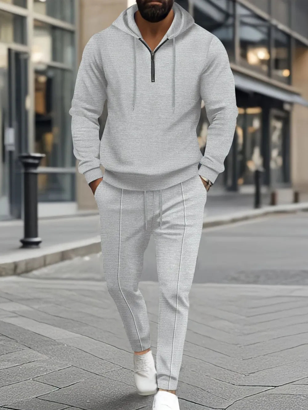 Men's Waffle-Knit Hoodie Pants Set Plus Size - Full Size Half Zipper Comfort-Casual Fashion - The Artisan's Wardrobe