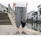 Summer New Chinese Style Men Beach Pants - Embroidered Snowflake Ice Silk Capris with Wide Leg Design-Casual Fashion - The Artisan's Wardrobe