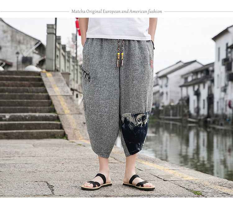 Summer New Chinese Style Men Beach Pants - Embroidered Snowflake Ice Silk Capris with Wide Leg Design-Casual Fashion - The Artisan's Wardrobe