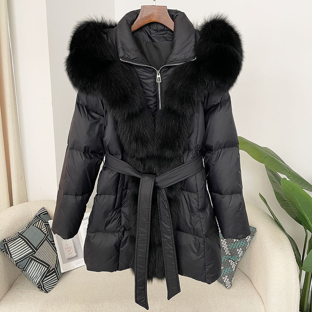 Hooded Down Jacket with Fox Fur Collar for Women-Casual Fashion - The Artisan's Wardrobe