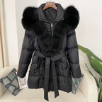 Hooded Down Jacket with Fox Fur Collar for Women-Casual Fashion - The Artisan's Wardrobe