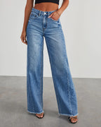 Loose Wide Leg Denim Jeans with Side Seam Splicing and Brushed Hem for Women-Casual Fashion - The Artisan's Wardrobe