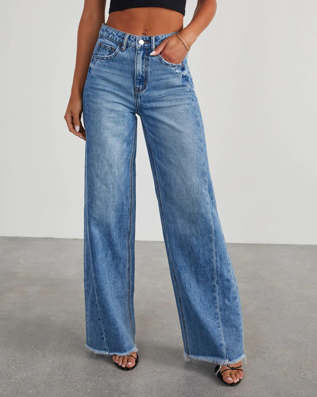 Loose Wide Leg Denim Jeans with Side Seam Splicing and Brushed Hem for Women-Casual Fashion - The Artisan's Wardrobe