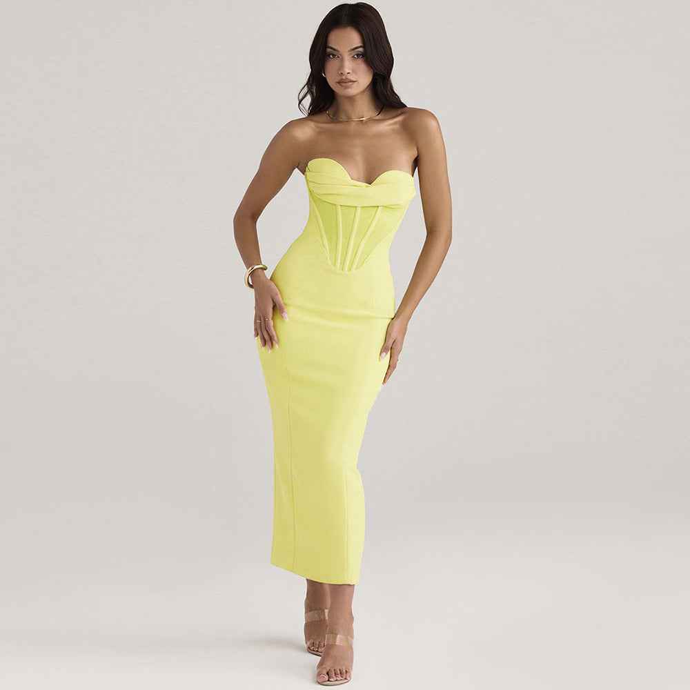 Solid Color Strapless Fishbone Back Dress with Slit - Tight and Sexy Fit-Casual Fashion - The Artisan's Wardrobe