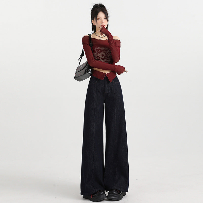 Wide Leg Jeans for Women High Waist Slim Fit Straight Loose Cuffed Floor-Length Pants