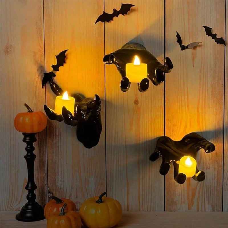 Gothic Halloween Wall Decor: 12-Pack Bat Sticker Wall Hangings with Spooky Hands & Lit Candles-Casual Fashion - The Artisan's Wardrobe