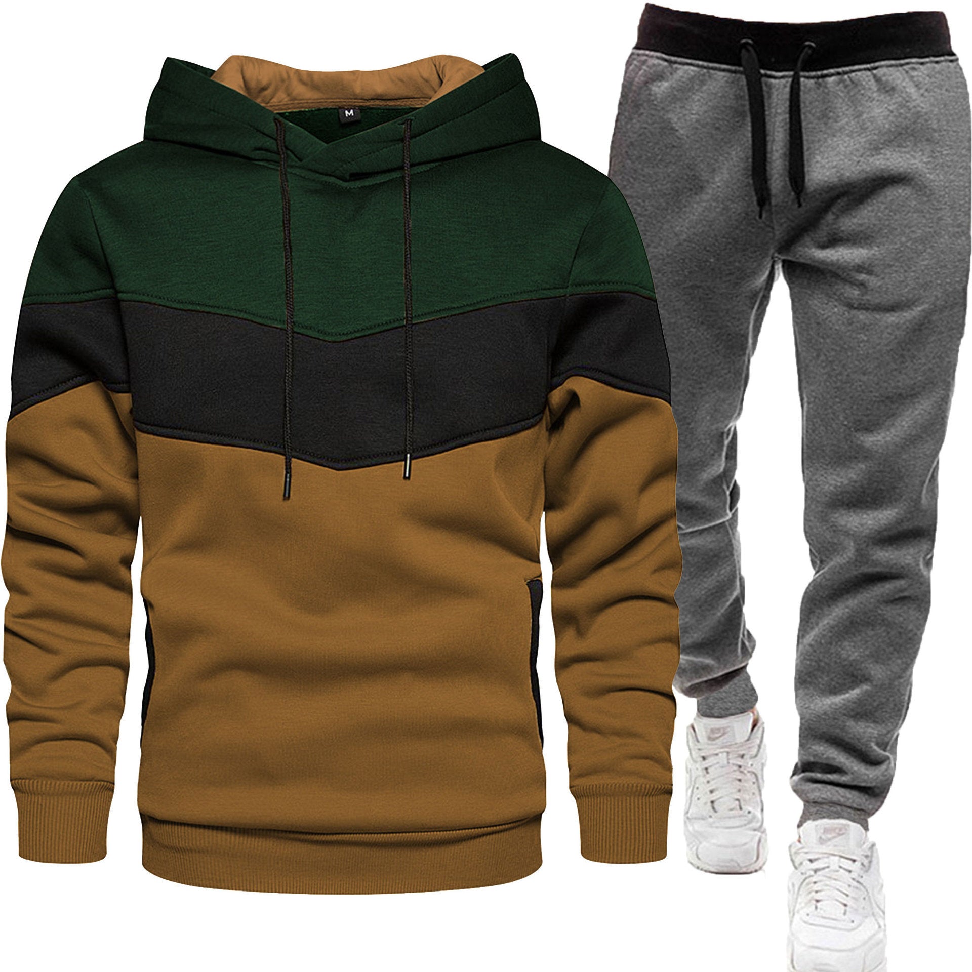 Men's three color hoodie sports suit, fashionable and casual, spring and autumn splicing hooded top, long pants two-piece set-Casual Fashion - The Artisan's Wardrobe