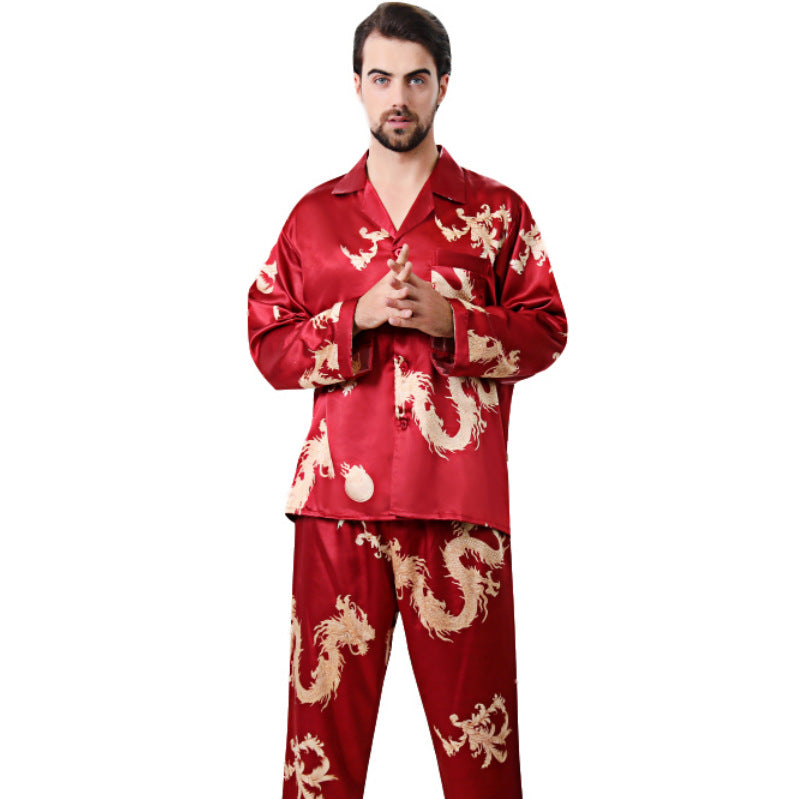 Silk Couple Sleepwear Long Sleeved Set with Dragon and Phoenix Print for Men and Women-Casual Fashion - The Artisan's Wardrobe