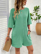 Backless Textured Romper with Round Neck and Half Sleeves for a Trendy Style-Casual Fashion - The Artisan's Wardrobe