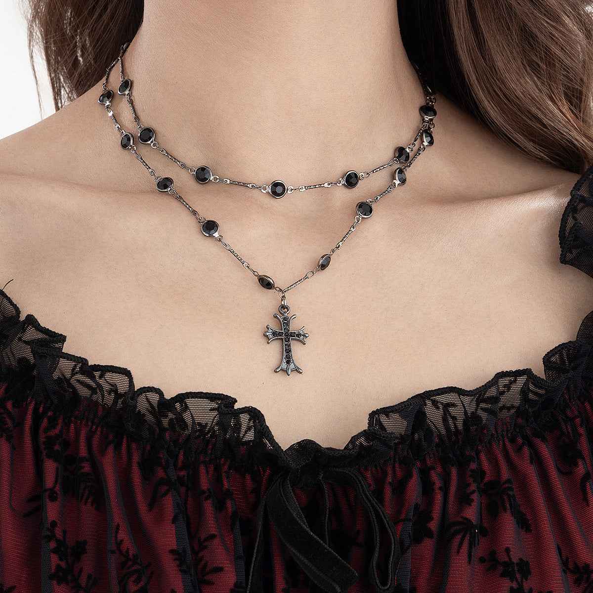 Dark Style Cross Necklace - Double Layered Halloween Personalized Alloy Collarbone Chain for Spicy Girls-Casual Fashion - The Artisan's Wardrobe