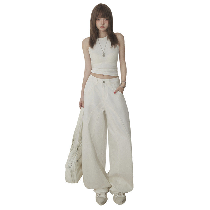 White High-Waisted Knife-Edge Jeans Women Casual Slim-Fit Wide-Leg Pants