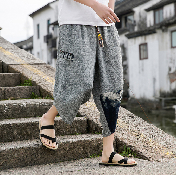 Summer New Chinese Style Men Beach Pants - Embroidered Snowflake Ice Silk Capris with Wide Leg Design-Casual Fashion - The Artisan's Wardrobe
