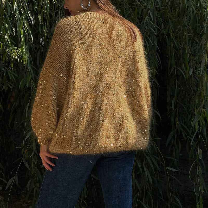 Fashionable sequined sweater, loose round neck lantern sleeve head, knitted sweater