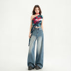 High Street Patchwork Wide Leg Pants Spring  Loose Washed Straight Leg Jeans for Women