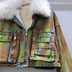 Hand Drawn Denim Jacket - Woolen Collar Fleece Short Denim Jacket for Women by Heavy Industry in American Style-Casual Fashion - The Artisan's Wardrobe