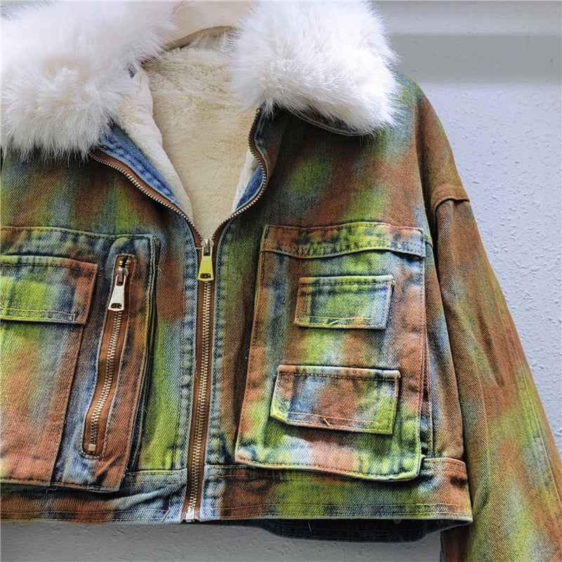 Hand Drawn Denim Jacket - Woolen Collar Fleece Short Denim Jacket for Women by Heavy Industry in American Style-Casual Fashion - The Artisan's Wardrobe