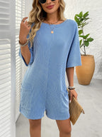 Backless Textured Romper with Round Neck and Half Sleeves for a Trendy Style-Casual Fashion - The Artisan's Wardrobe