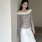 New One Shoulder Mesh Ballet Top with Long Sleeves and French Flower Edge-Casual Fashion - The Artisan's Wardrobe